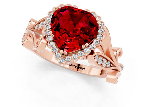 Rose gold Heart Cut Ruby Halo Ring with Vintage Split Shank and Four-Prong Setting_1