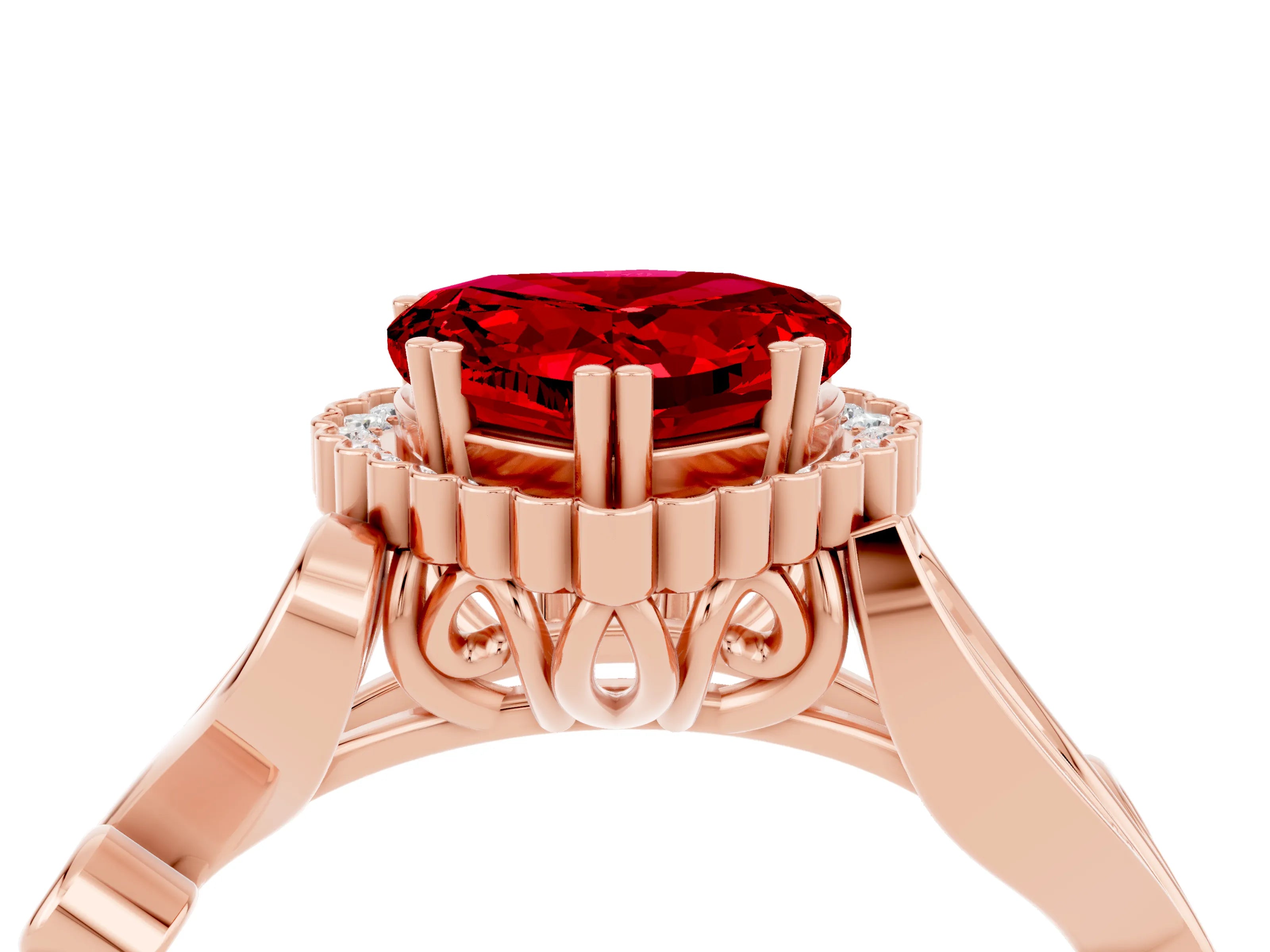 Rose gold Heart Cut Ruby Halo Ring with Vintage Split Shank and Four-Prong Setting_4