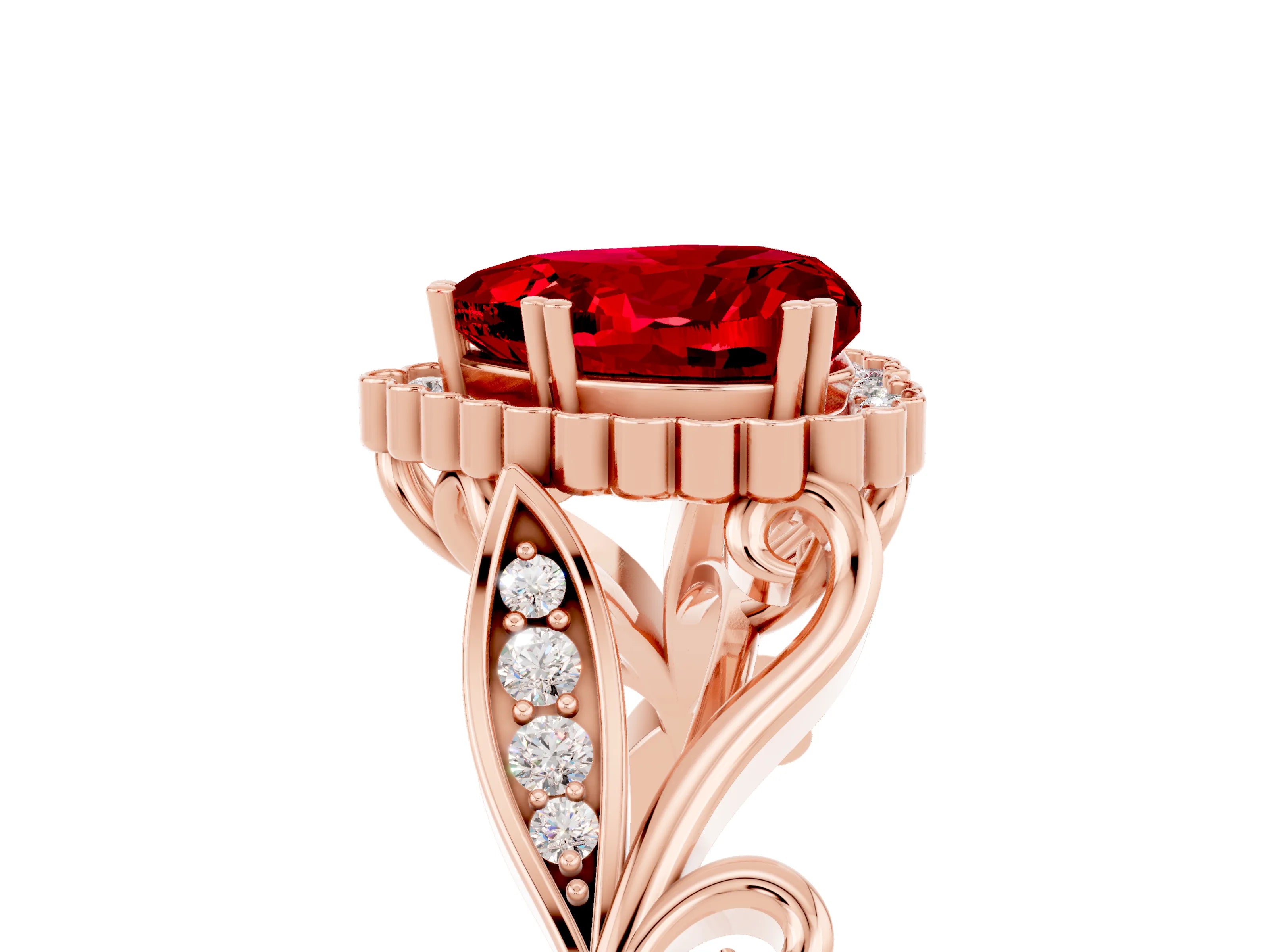 Rose gold Heart Cut Ruby Halo Ring with Vintage Split Shank and Four-Prong Setting_5