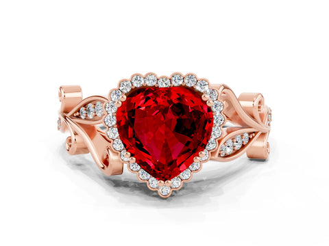 Rose gold Heart Cut Ruby Halo Ring with Vintage Split Shank and Four-Prong Setting
