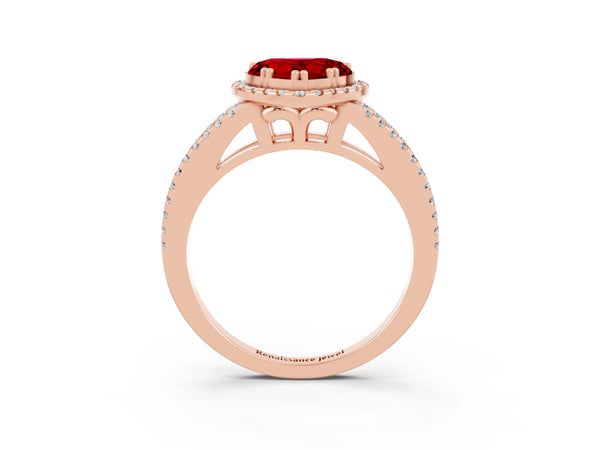 Rose gold Heart Cut Ruby Halo Split Shank Engagement Ring