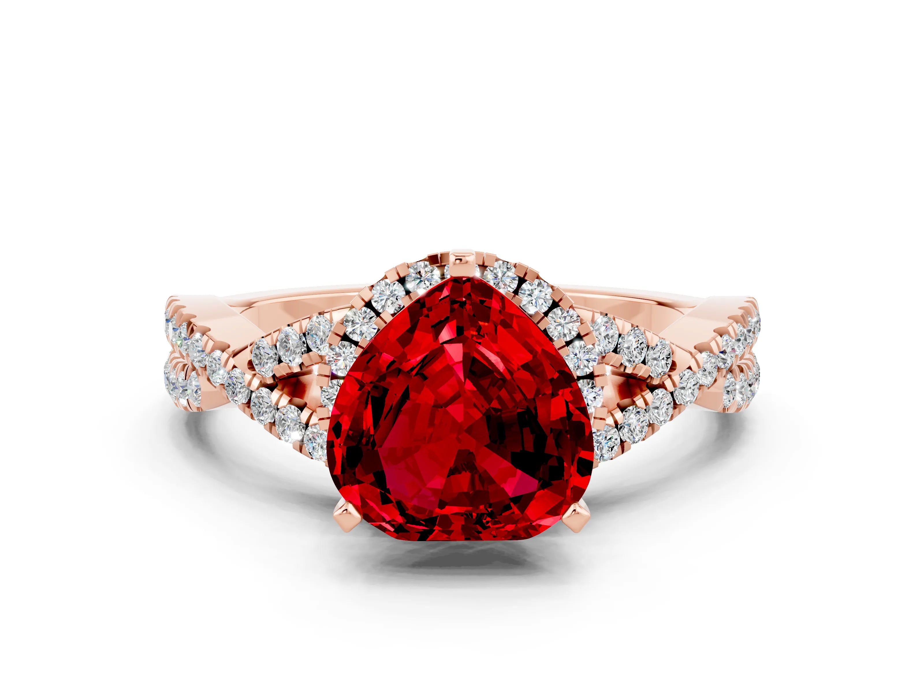 Rose gold Heart Cut Ruby Halo Twist Band Solitaire Prong Setting Ring