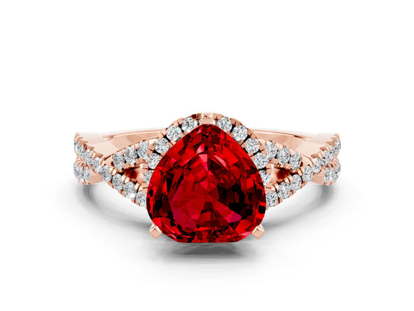 Rose gold Heart Cut Ruby  Halo Twist Band Solitaire Prong Setting Ring