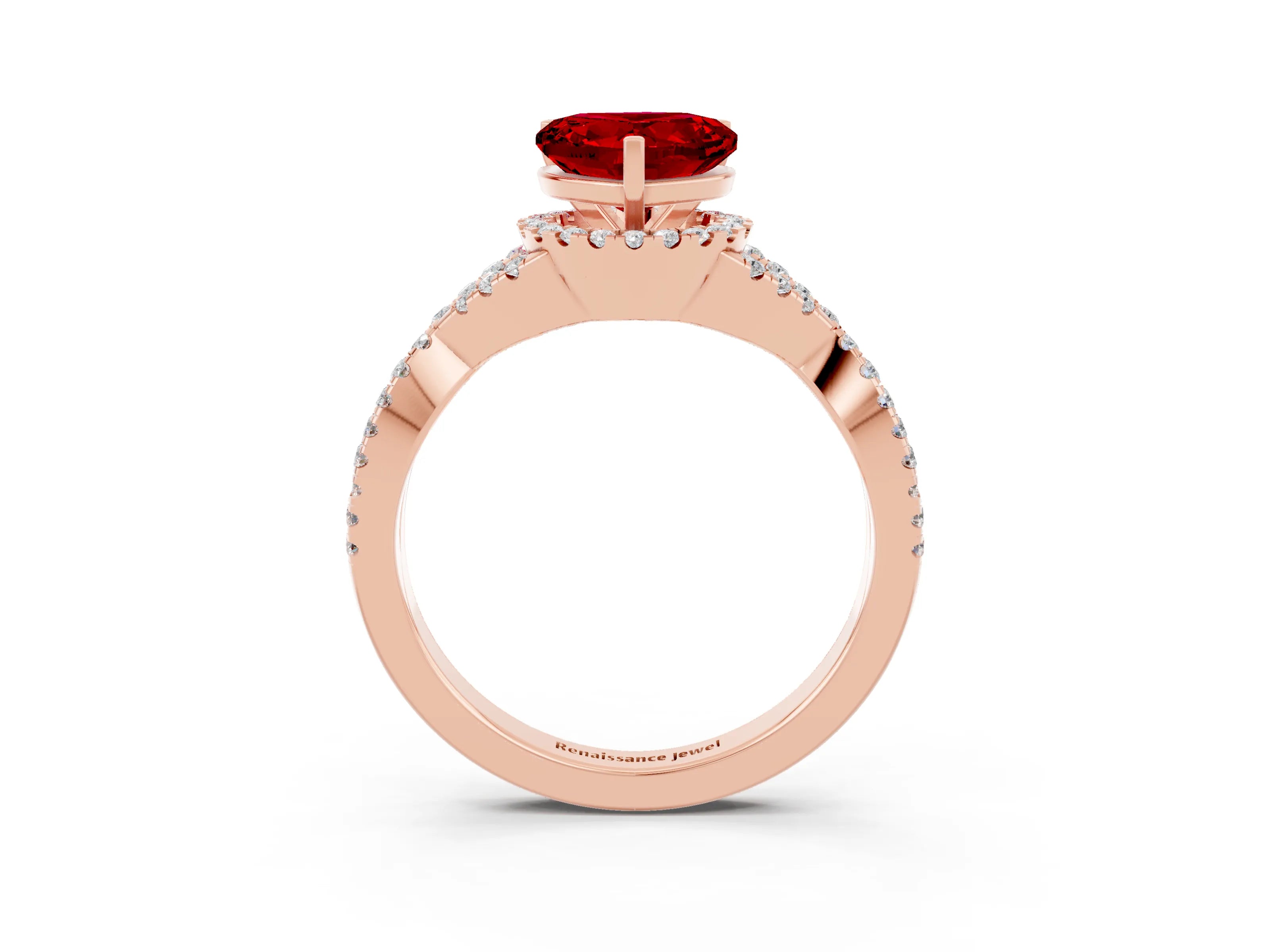 Rose gold Heart Cut Ruby Halo Twist Band Solitaire Prong Setting Ring_3