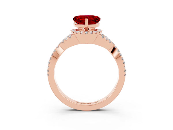 Rose gold Heart Cut Ruby  Halo Twist Band Solitaire Prong Setting Ring