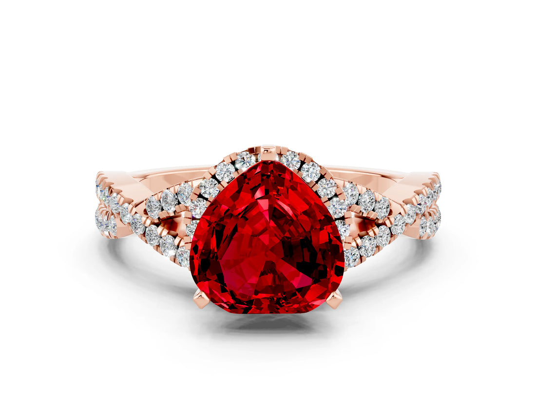 Rose gold Heart Cut Ruby  Halo Twist Band Solitaire Prong Setting Ring_36