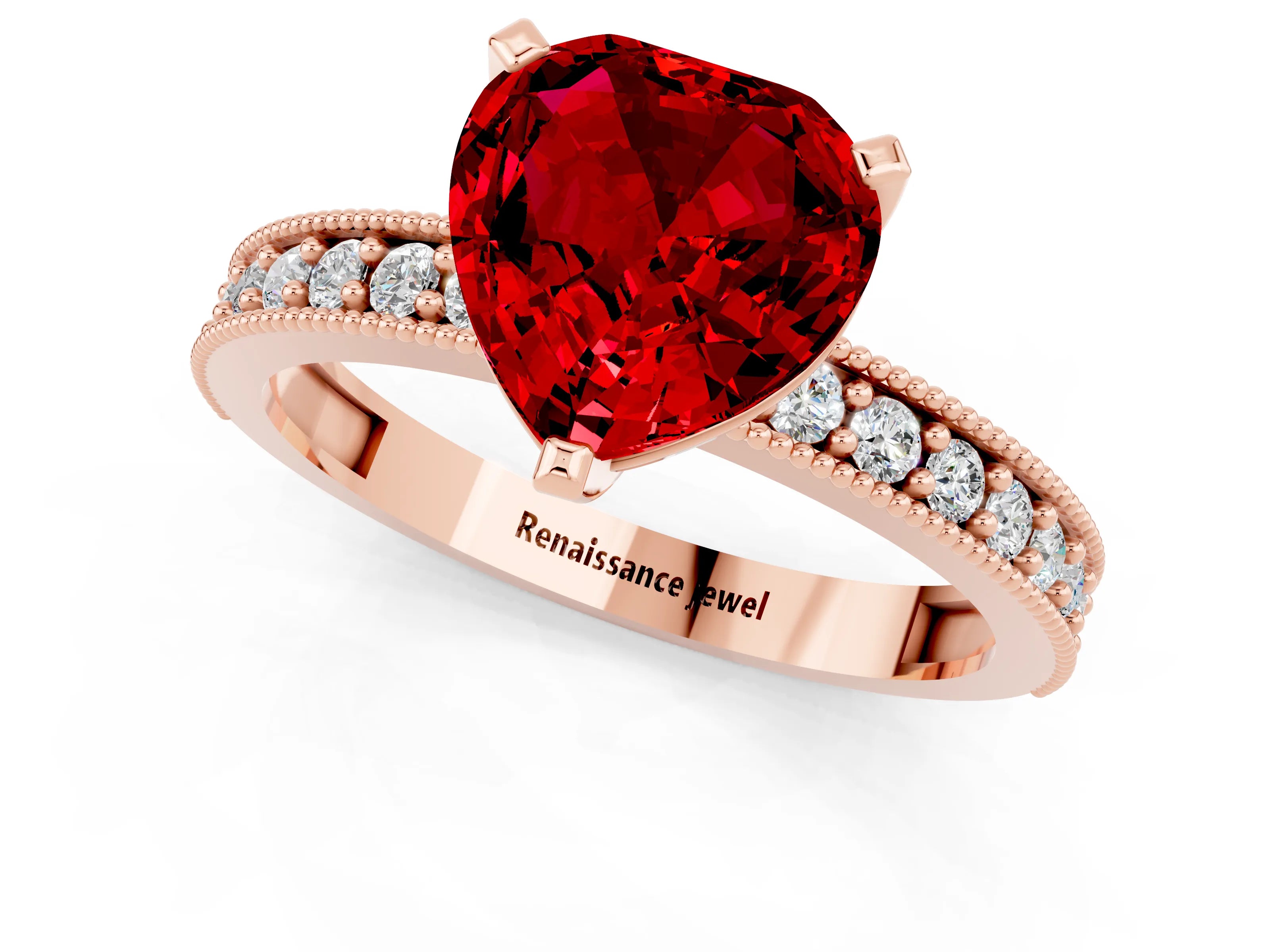 Rose gold Heart Cut Ruby Milgrain Pavé Engagement Ring with Four-Prong Setting_13