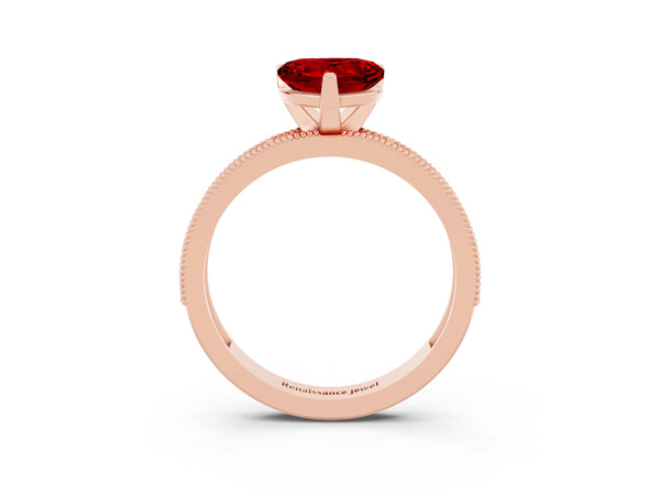 Rose gold Heart Cut Ruby Milgrain Pavé Engagement Ring with Four-Prong Setting