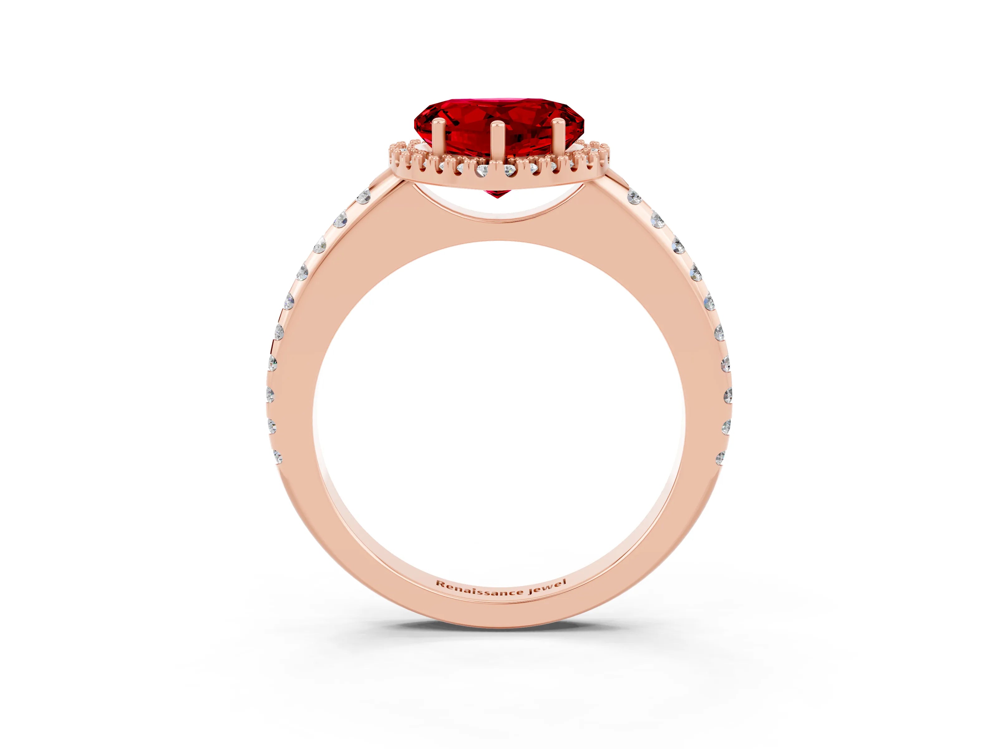Rose gold Heart Cut Ruby Pavé Halo Ring with Four-Prong Setting_15