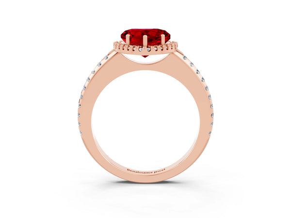 Rose gold Heart Cut Ruby Pavé Halo Ring with Four-Prong Setting