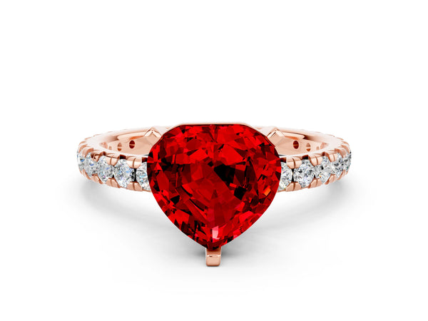 Rose gold Heart Cut Ruby Pavé Solitaire Ring with Round Band and Prong Setting