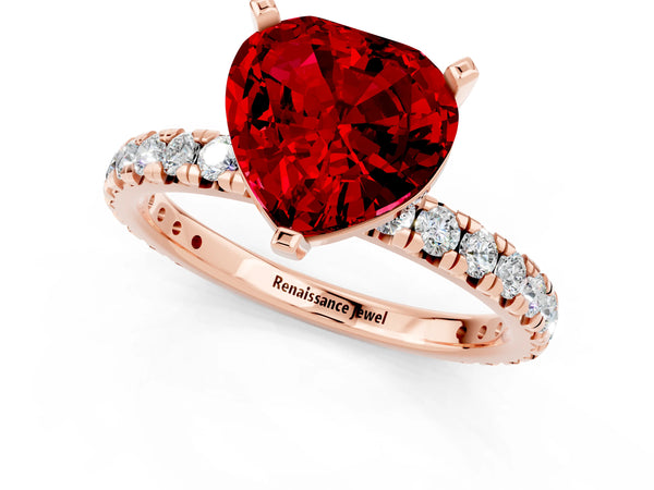 Rose gold Heart Cut Ruby Pavé Solitaire Ring with Round Band and Prong Setting