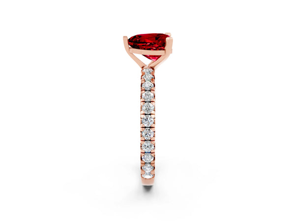 Rose gold Heart Cut Ruby Pavé Solitaire Ring with Round Band and Prong Setting