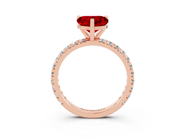Rose gold Heart Cut Ruby Pavé Solitaire Ring with Round Band and Prong Setting