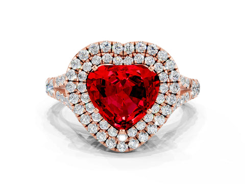 Rose gold Heart Cut Ruby Pavé Split Shank Double Halo Engagement Ring