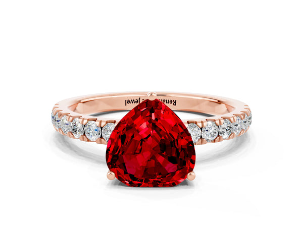 Rose gold Heart Cut Ruby Pave Band Solitaire Ring with Round  and Prong Setting
