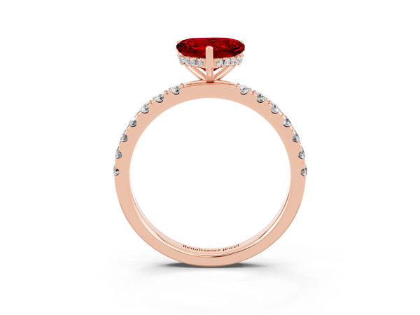 Rose gold Heart Cut Ruby Pave Band Solitaire Ring with Round  and Prong Setting