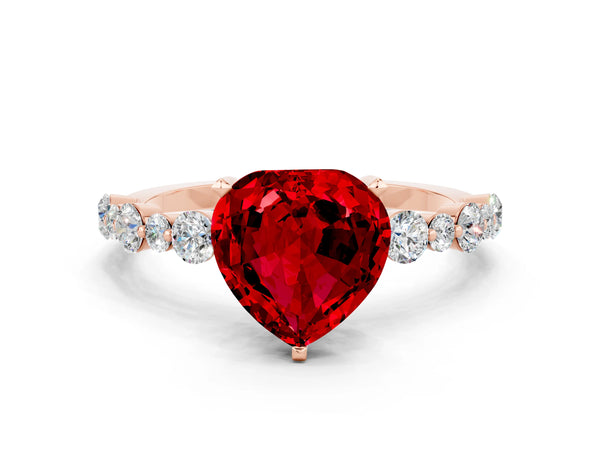 Rose gold Heart Cut Ruby Prong Set Engagement Ring with Pavé Band