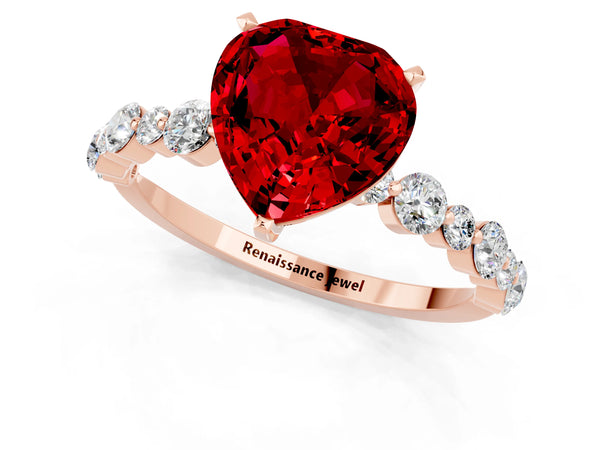 Rose gold Heart Cut Ruby Prong Set Engagement Ring with Pavé Band