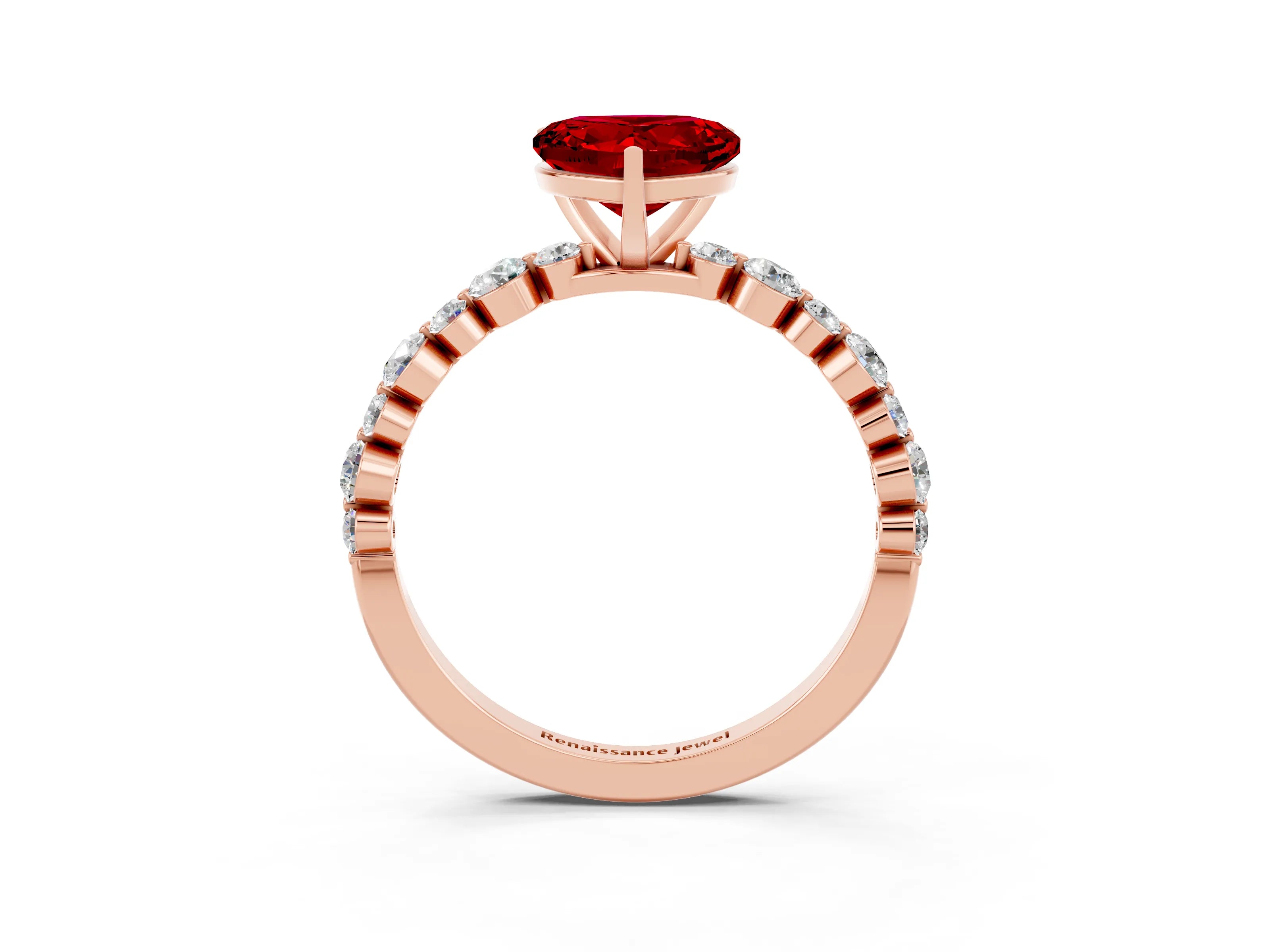 Rose gold Heart Cut Ruby Prong Set Engagement Ring with Pavé Band_3