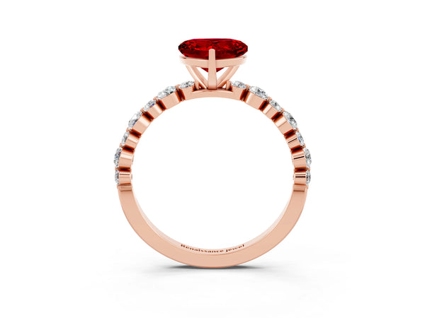 Rose gold Heart Cut Ruby Prong Set Engagement Ring with Pavé Band
