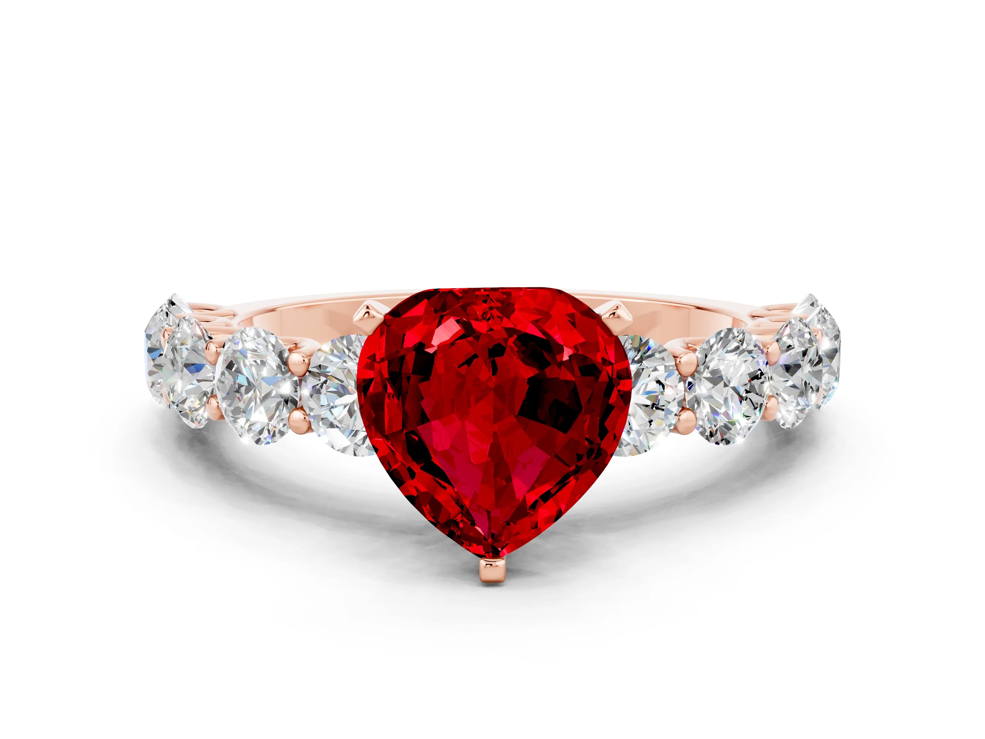 Rose gold Heart Cut Ruby Prong Setting with Side Stones on a Pave Band