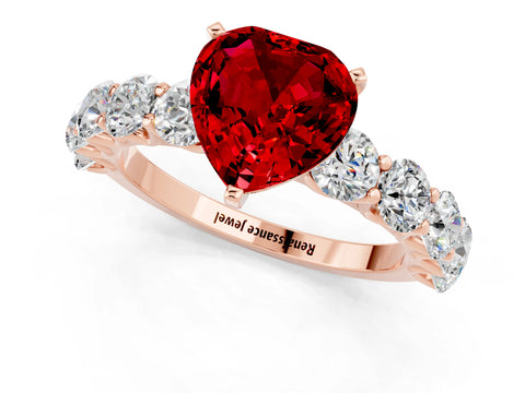 Rose gold Heart Cut Ruby Prong Setting with Side Stones on a Pave Band_1