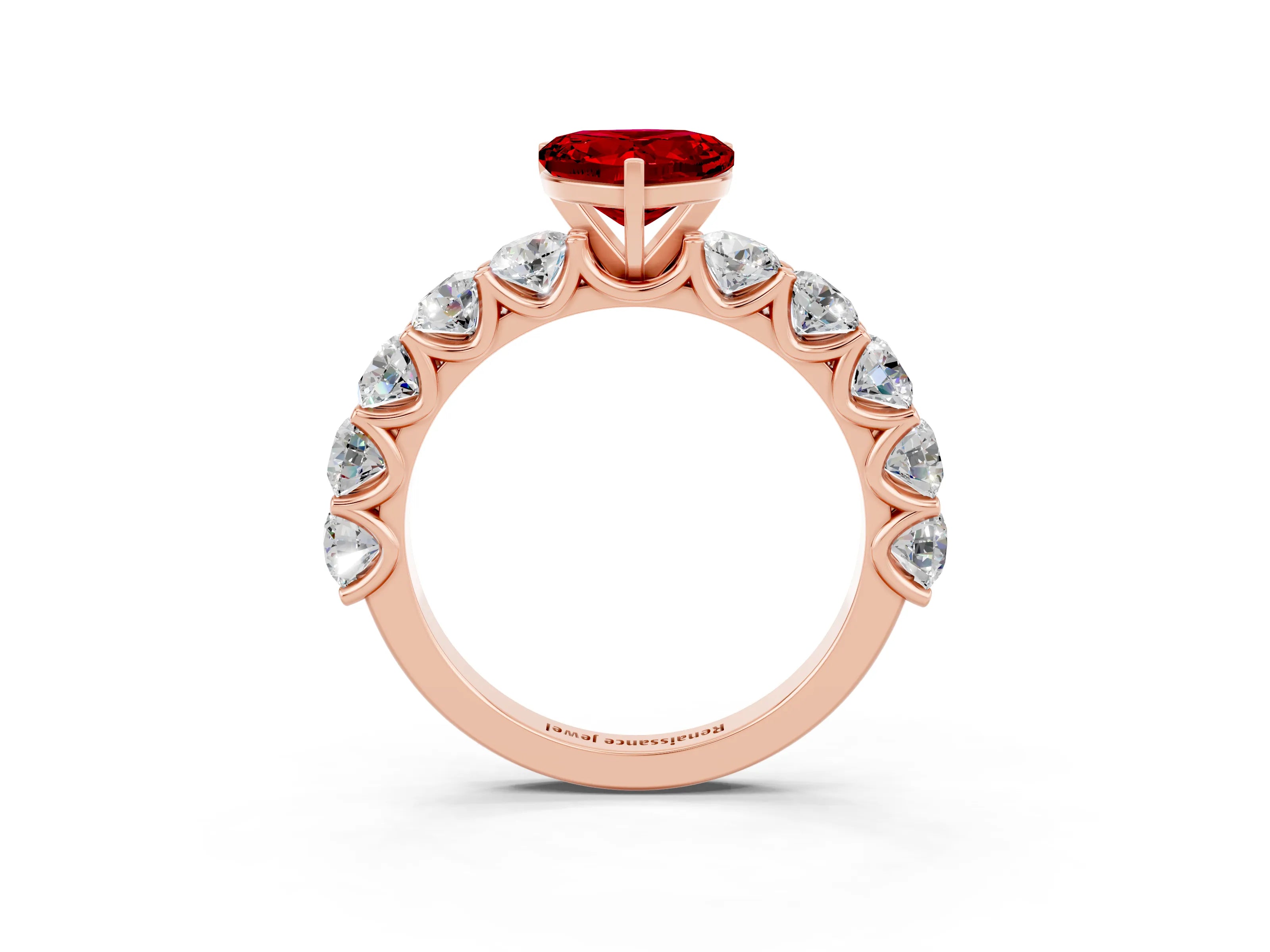 Rose gold Heart Cut Ruby Prong Setting with Side Stones on a Pave Band_3