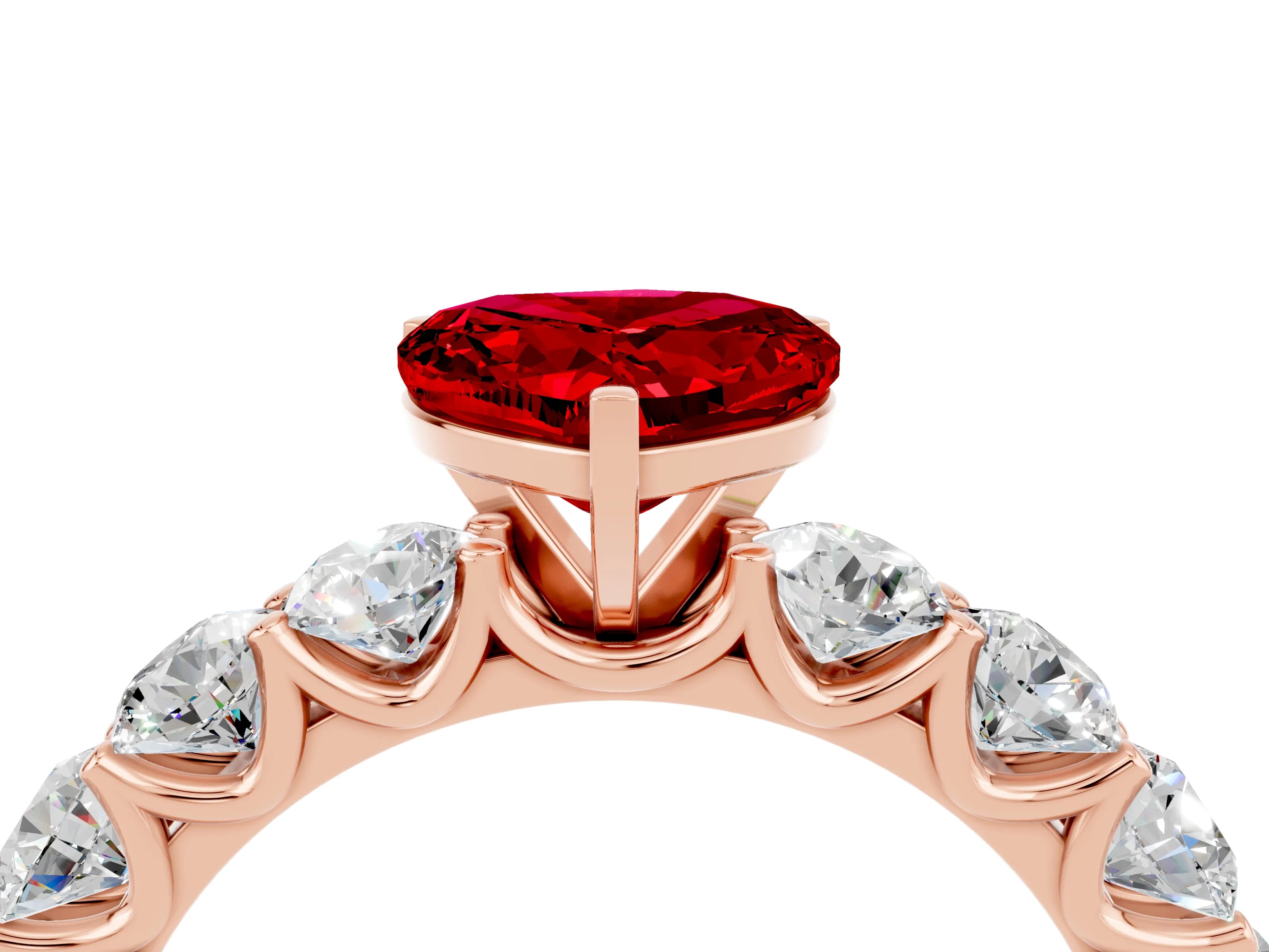 Rose gold Heart Cut Ruby Prong Setting with Side Stones on a Pave Band_4