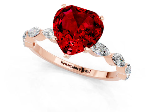 Rose gold Heart Cut Ruby Ring with Marquise Side Stones and Prong Setting_1