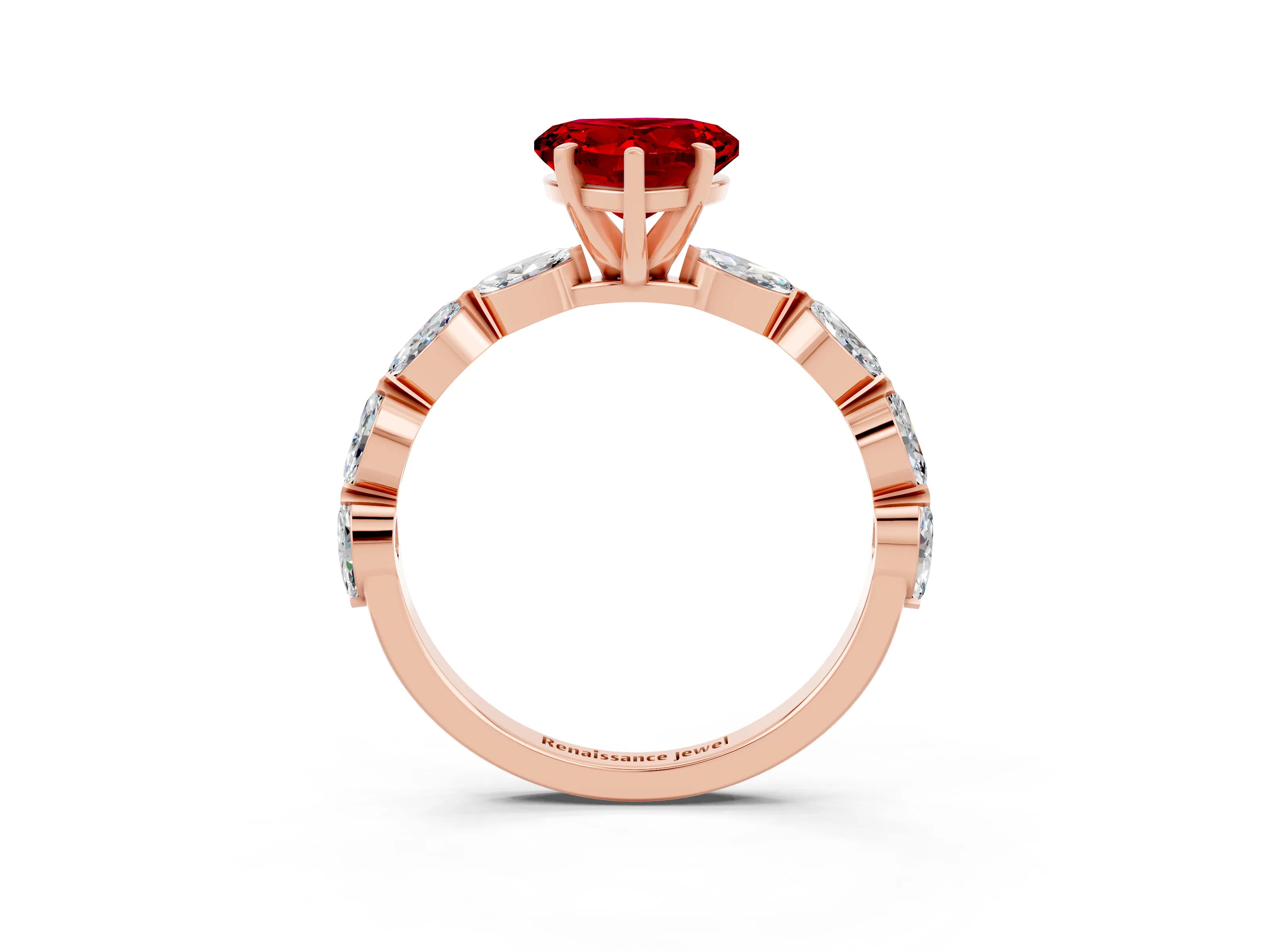 Rose gold Heart Cut Ruby Ring with Marquise Side Stones and Prong Setting_3
