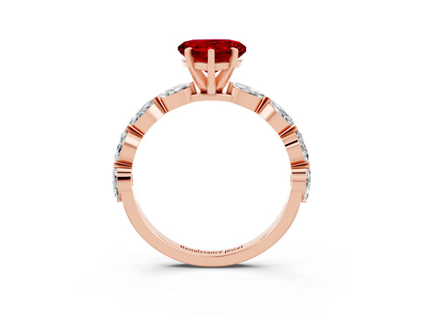 Rose gold Heart Cut Ruby Ring with Marquise Side Stones and Prong Setting