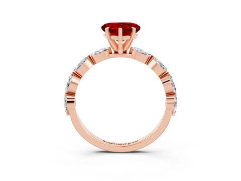 Rose gold Heart Cut Ruby Ring with Marquise Side Stones and Prong Setting_3