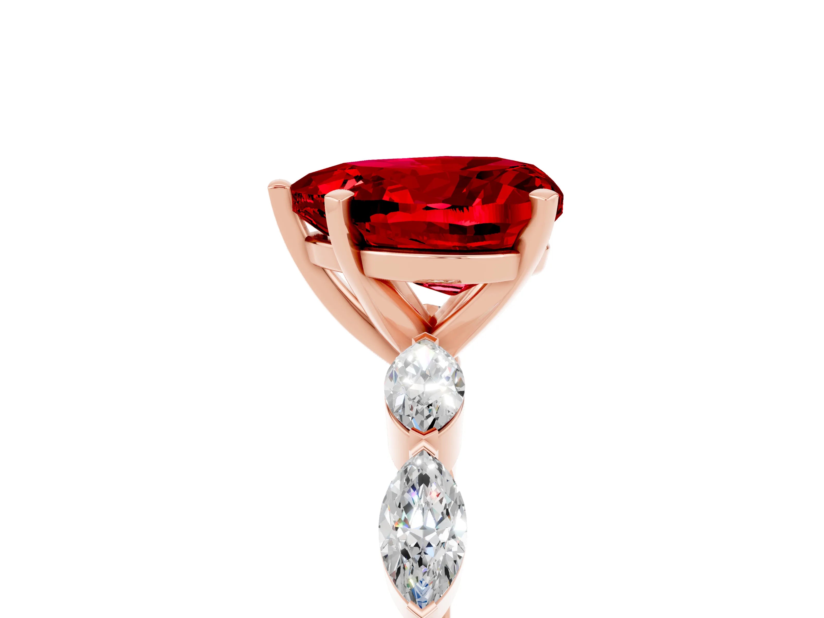 Rose gold Heart Cut Ruby Ring with Marquise Side Stones and Prong Setting_5