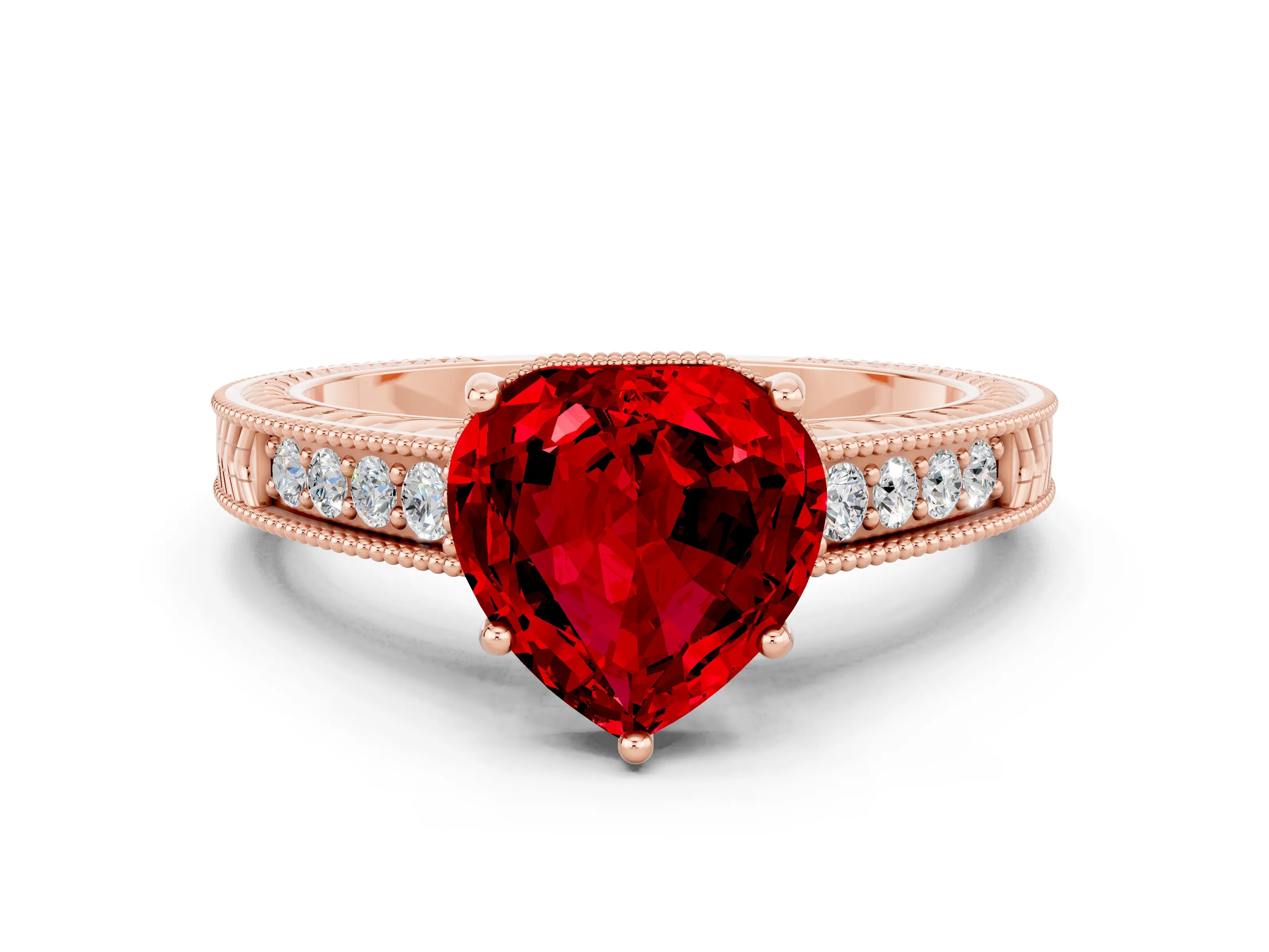 Rose gold Heart Cut Ruby Ring with Milgrain Pavé Band and Four-Prong Setting_12