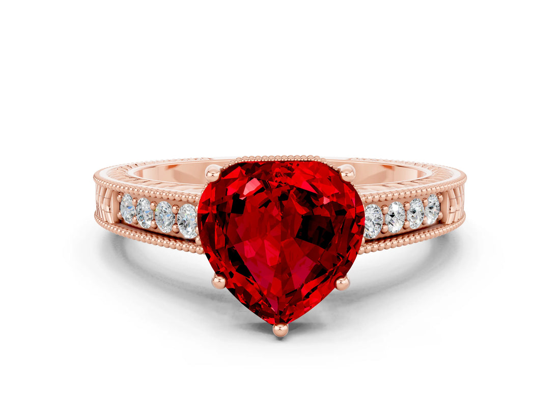 Rose gold Heart Cut Ruby Ring with Milgrain Pavé Band and Four-Prong Setting_12