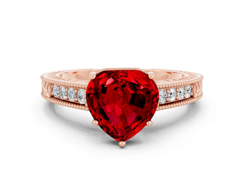 Rose gold Heart Cut Ruby Ring with Milgrain Pavé Band and Four-Prong Setting_12