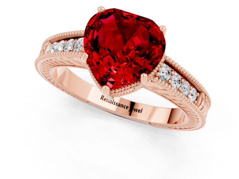Rose gold Heart Cut Ruby Ring with Milgrain Pavé Band and Four-Prong Setting_13