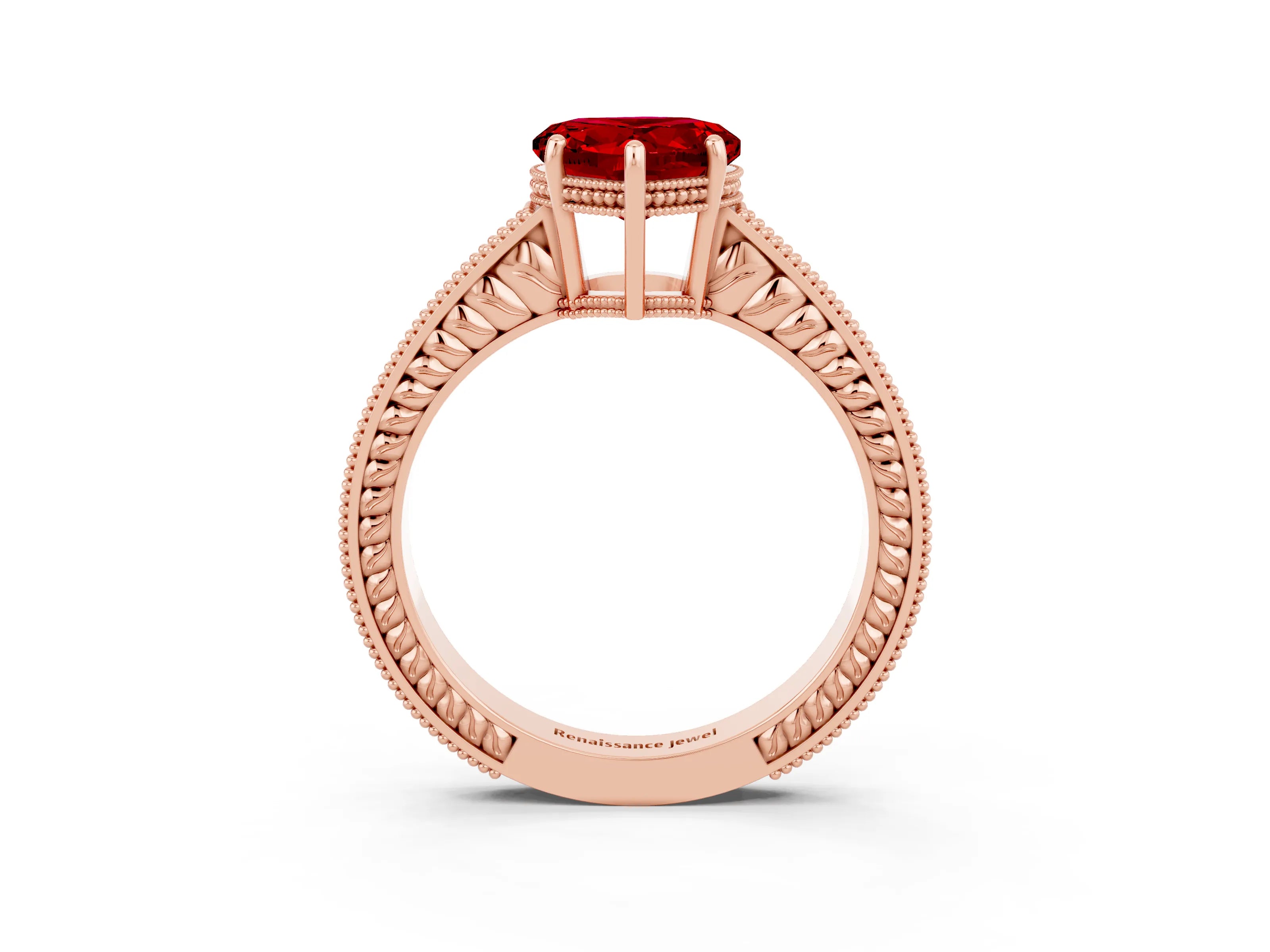 Rose gold Heart Cut Ruby Ring with Milgrain Pavé Band and Four-Prong Setting_15