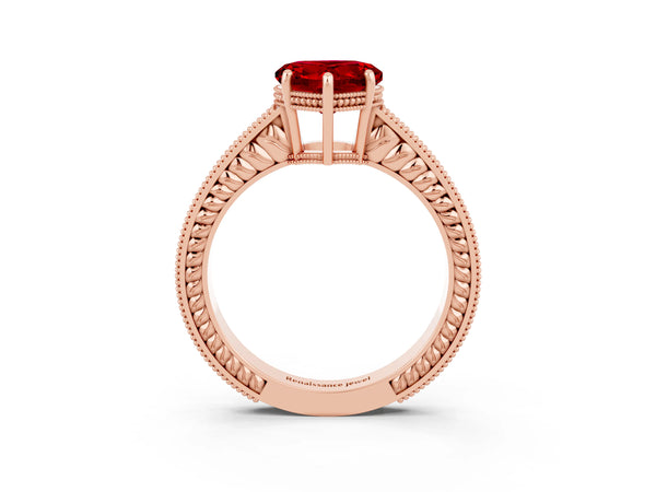 Rose gold Heart Cut Ruby Ring with Milgrain Pavé Band and Four-Prong Setting