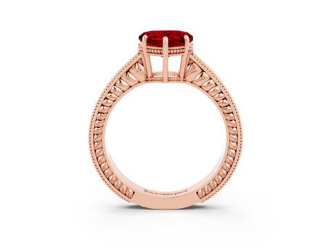 Rose gold Heart Cut Ruby Ring with Milgrain Pavé Band and Four-Prong Setting_15