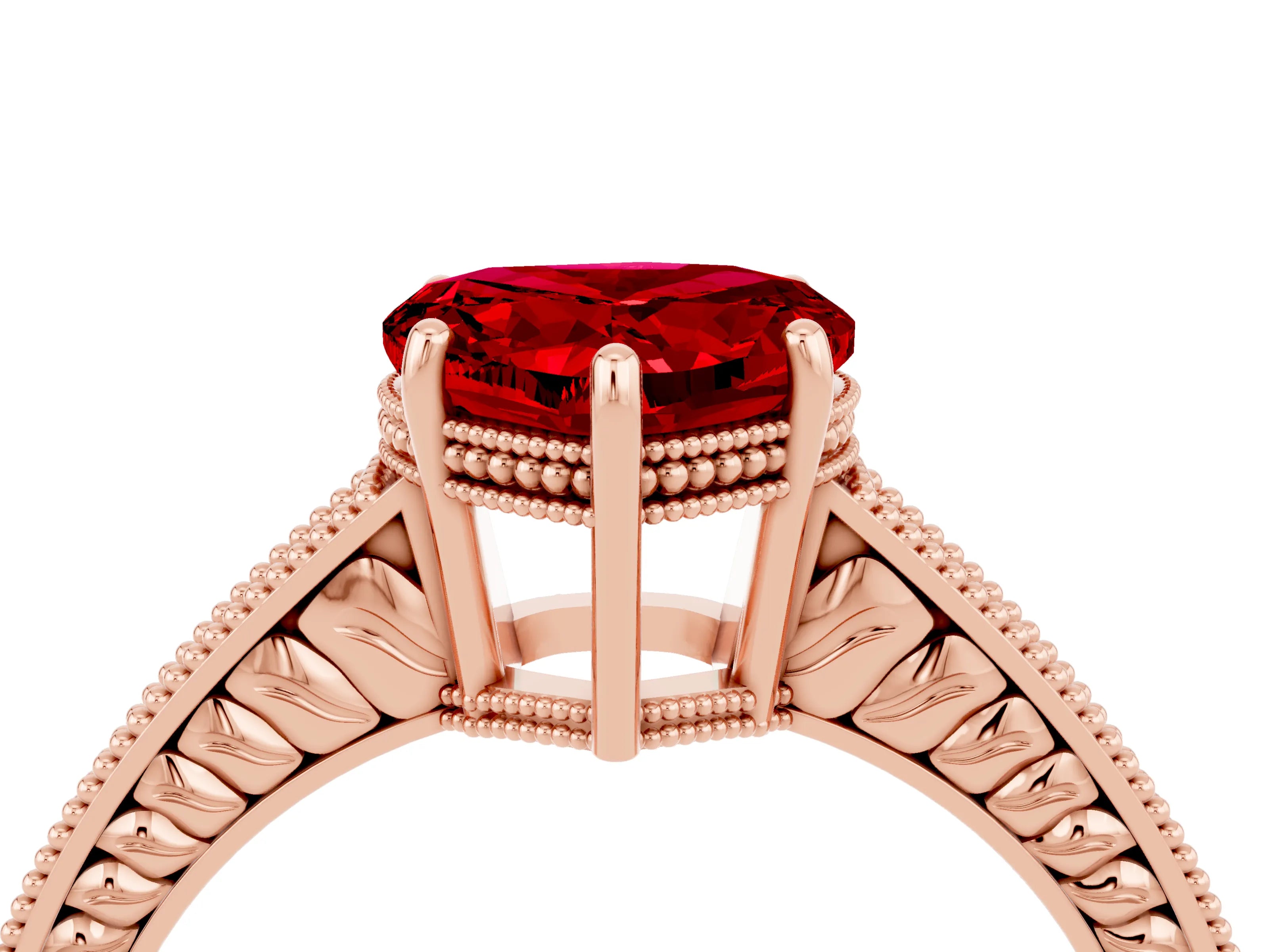 Rose gold Heart Cut Ruby Ring with Milgrain Pavé Band and Four-Prong Setting_16