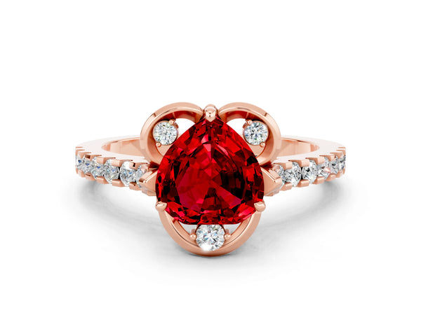 Rose gold Heart Cut Ruby Ring with Pavé Band and Floral Prong Setting