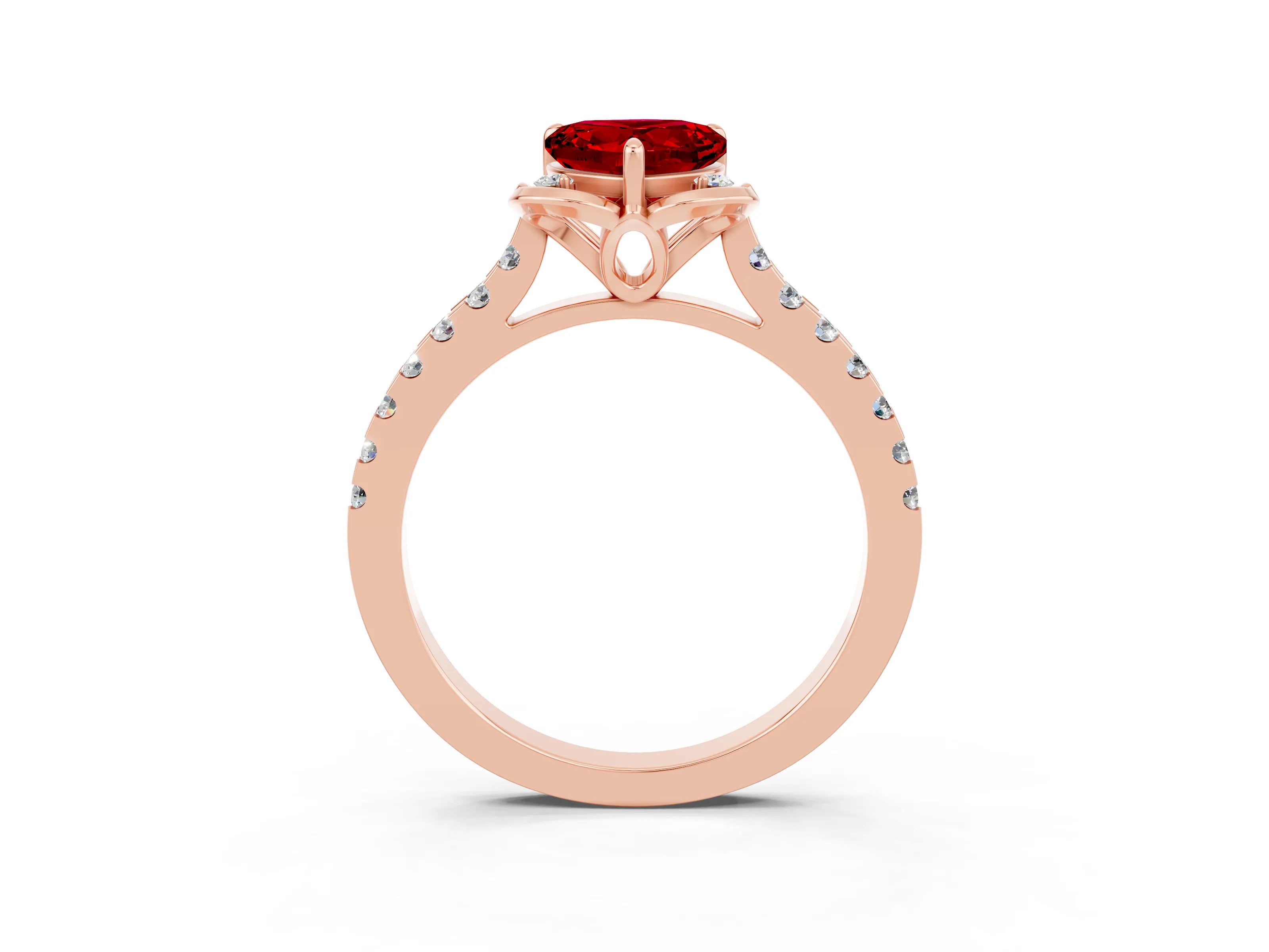 Rose gold Heart Cut Ruby Ring with Pavé Band and Floral Prong Setting_3