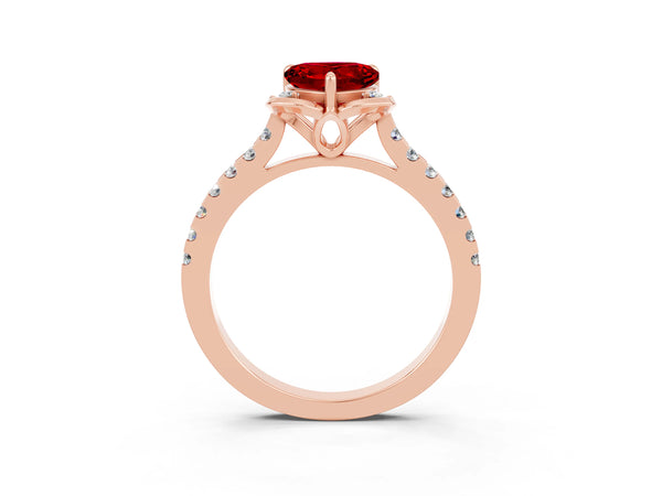 Rose gold Heart Cut Ruby Ring with Pavé Band and Floral Prong Setting