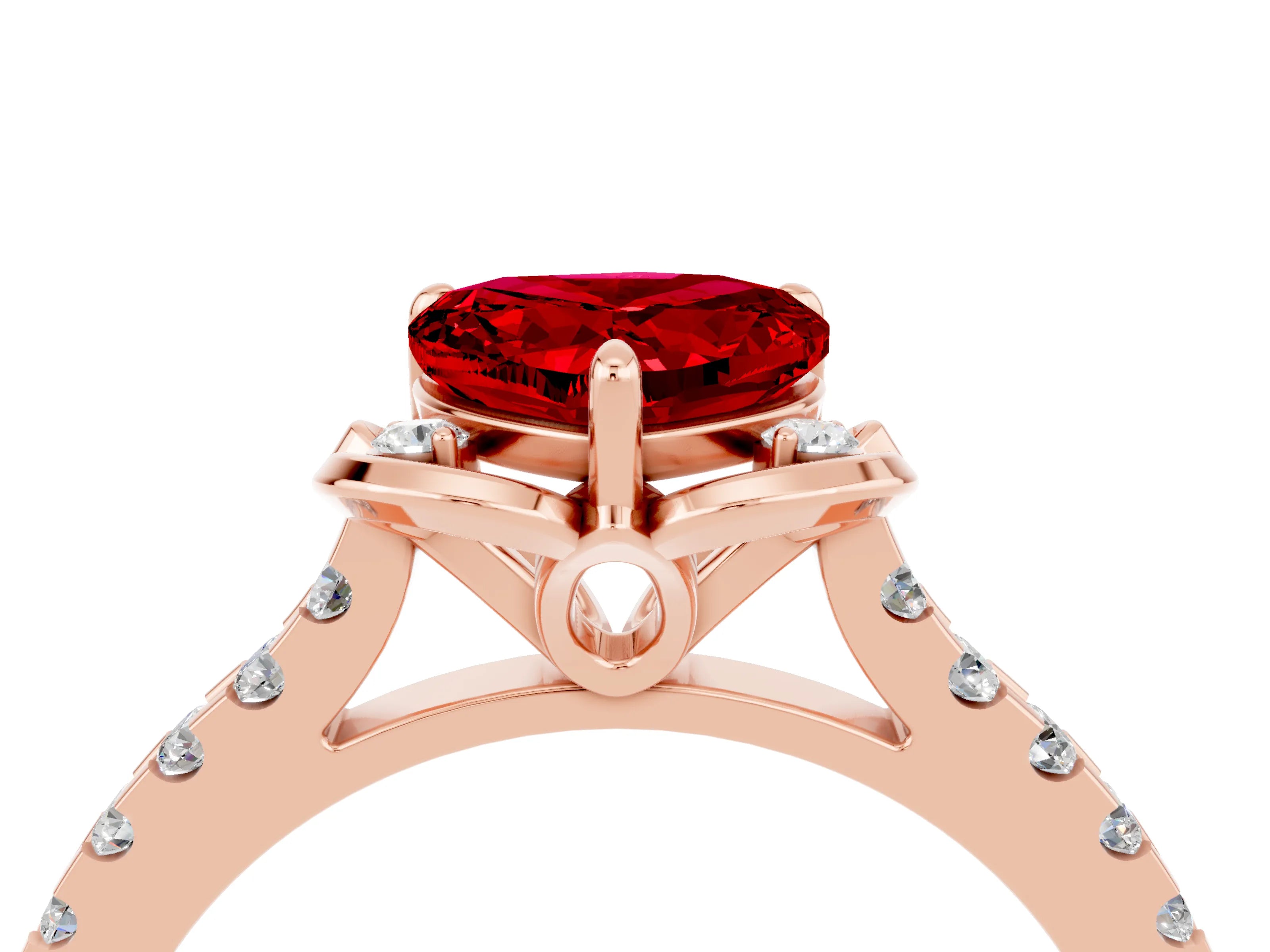Rose gold Heart Cut Ruby Ring with Pavé Band and Floral Prong Setting_4