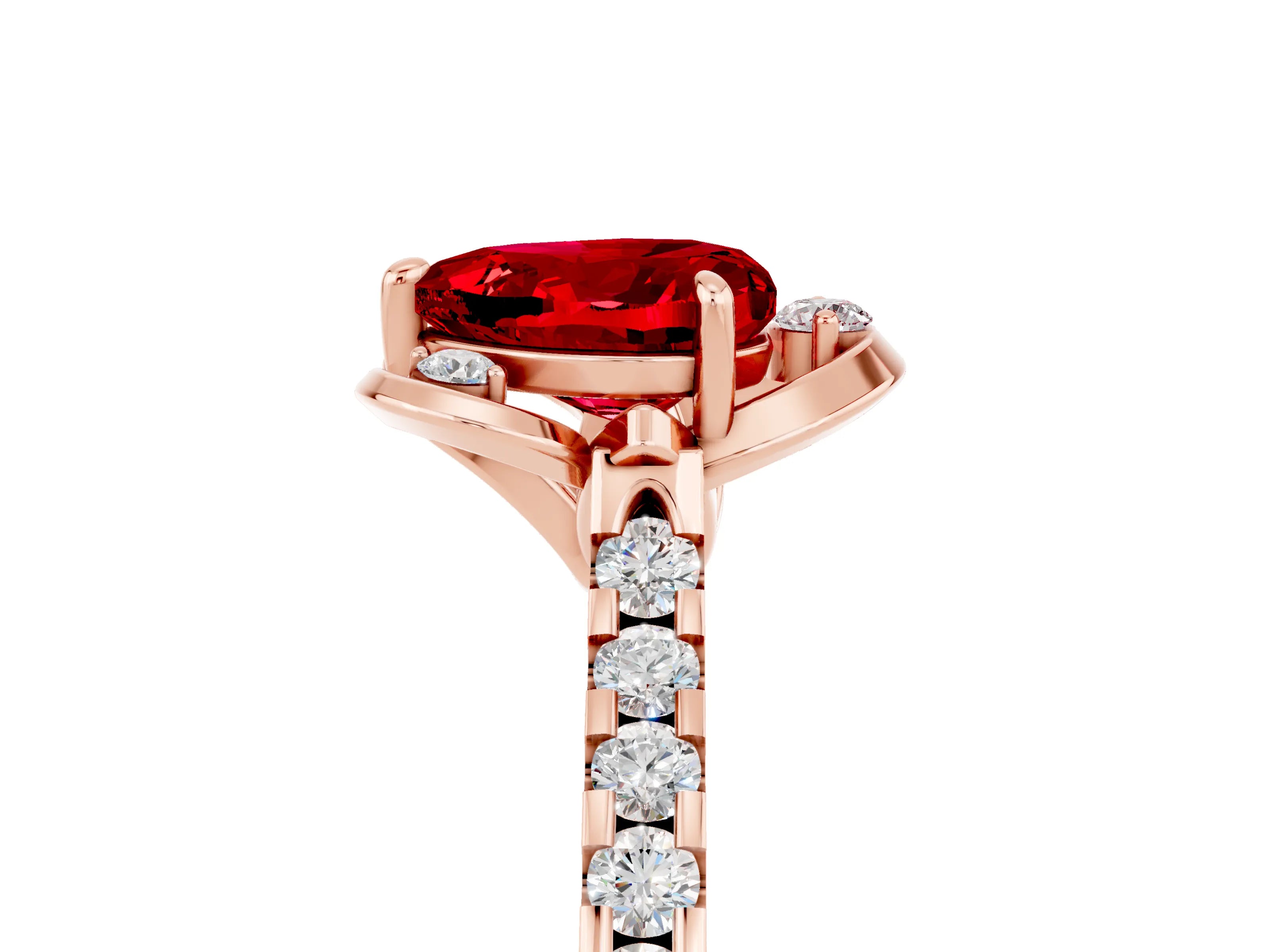 Rose gold Heart Cut Ruby Ring with Pavé Band and Floral Prong Setting_5