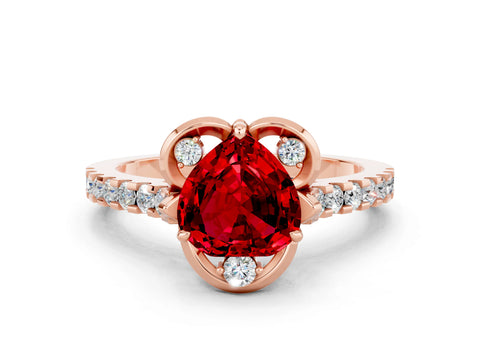 Rose gold Heart Cut Ruby Ring with Pavé Band and Floral Prong Setting