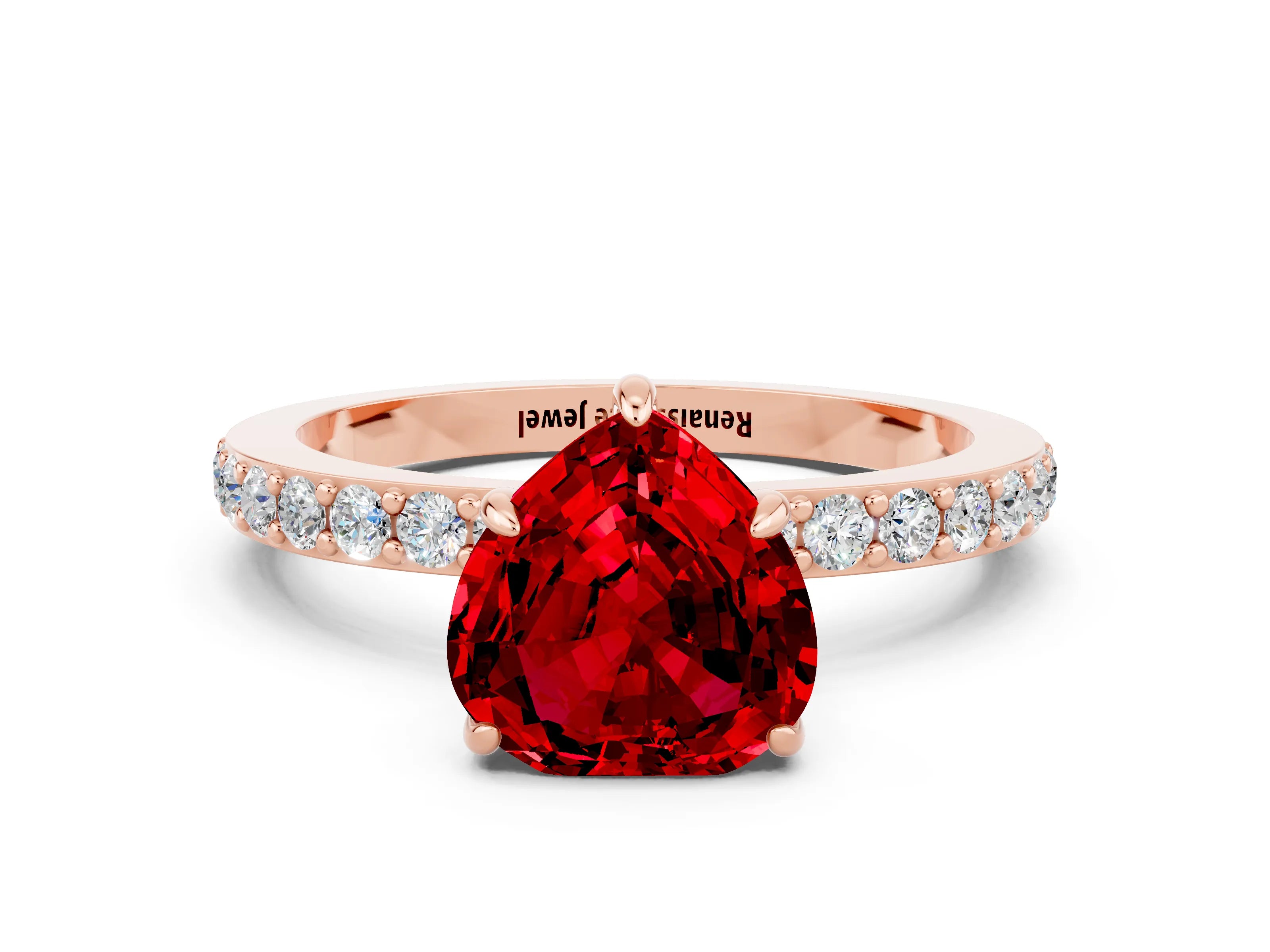 Rose gold Heart Cut Ruby Ring with Pavé Band and Four-Prong Setting