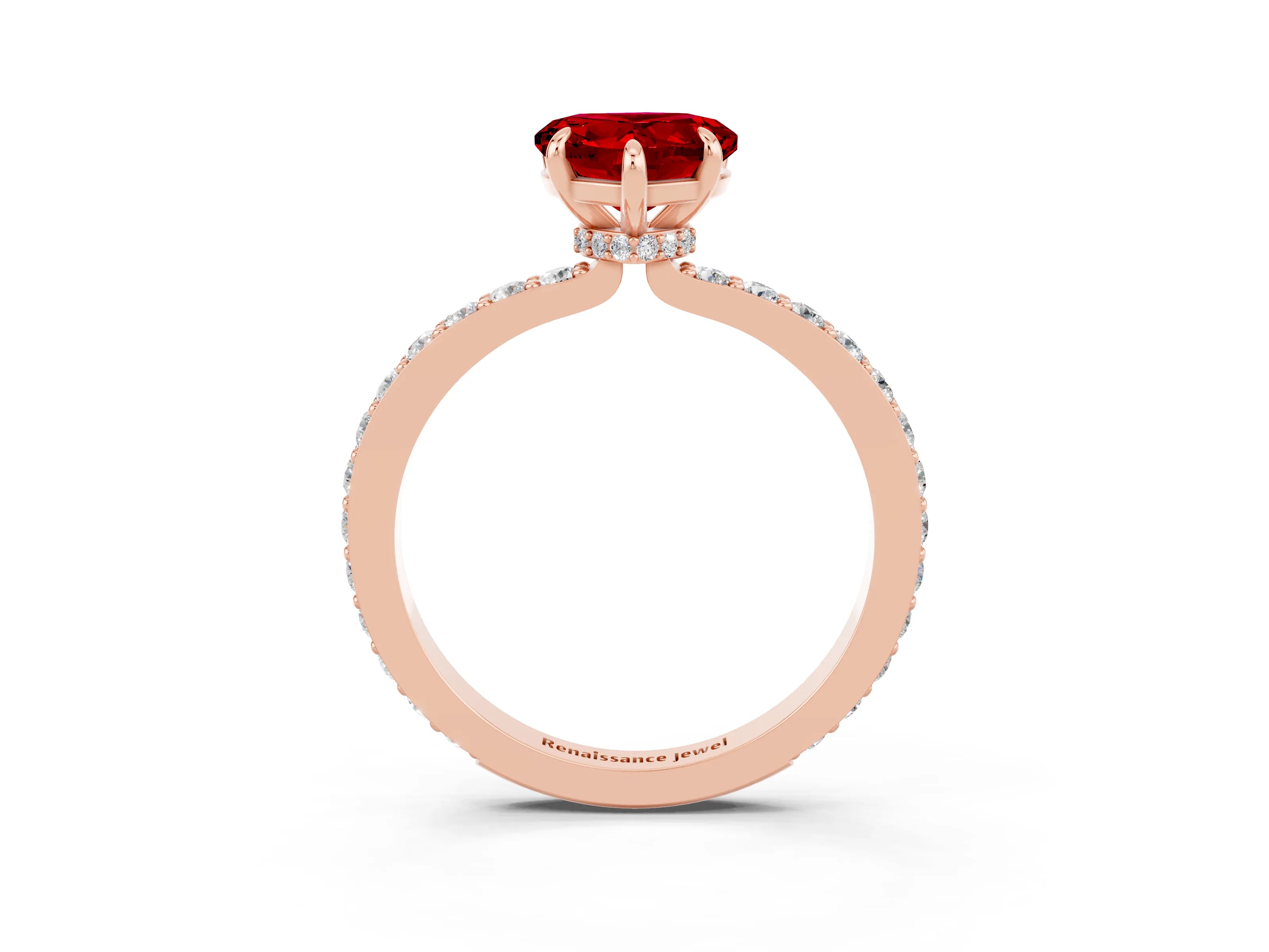 Rose gold Heart Cut Ruby Ring with Pavé Band and Four-Prong Setting_3